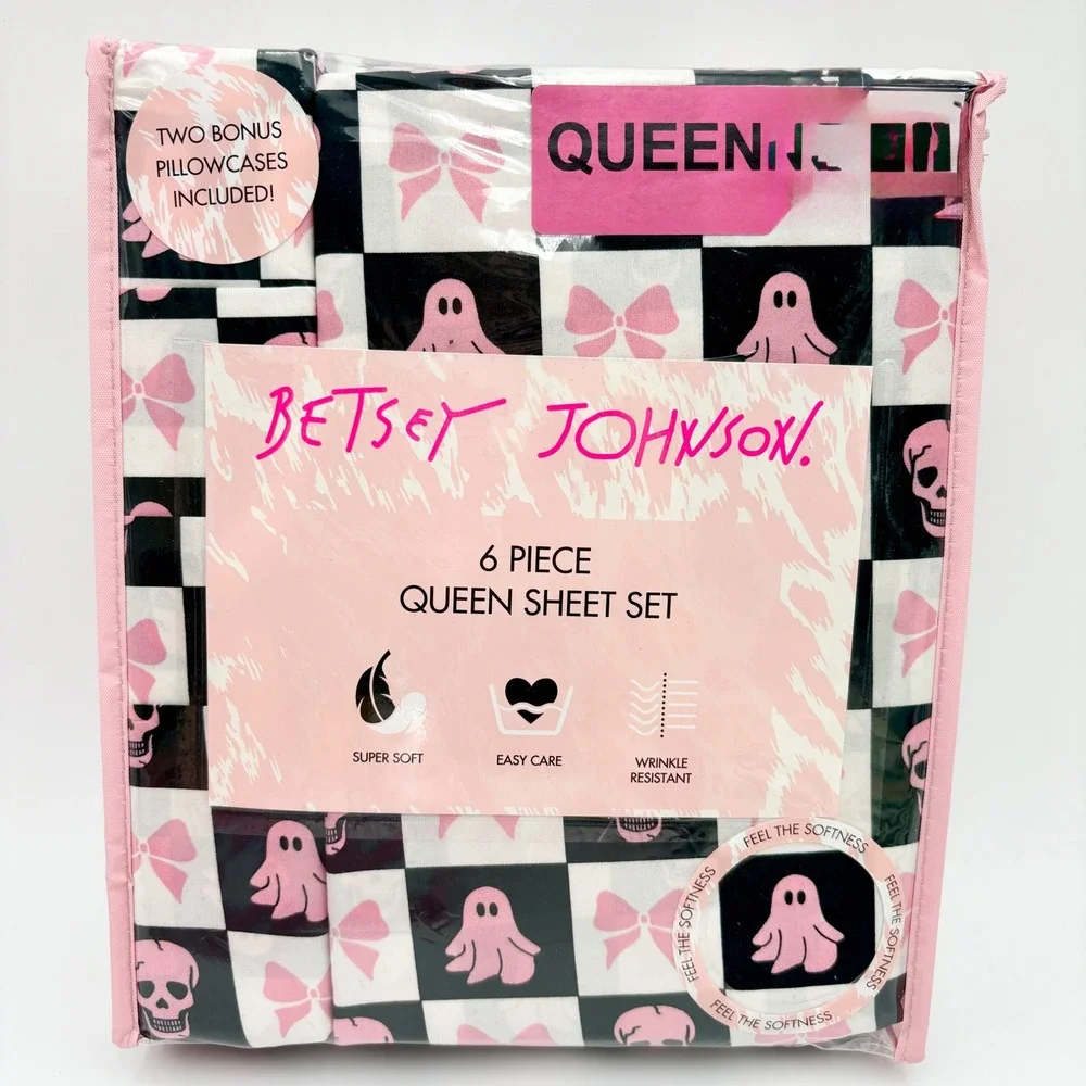 Betsey Johnson BOW Halloween Sheet Set Queen Ghost‎ Bow Check Checkered NEW